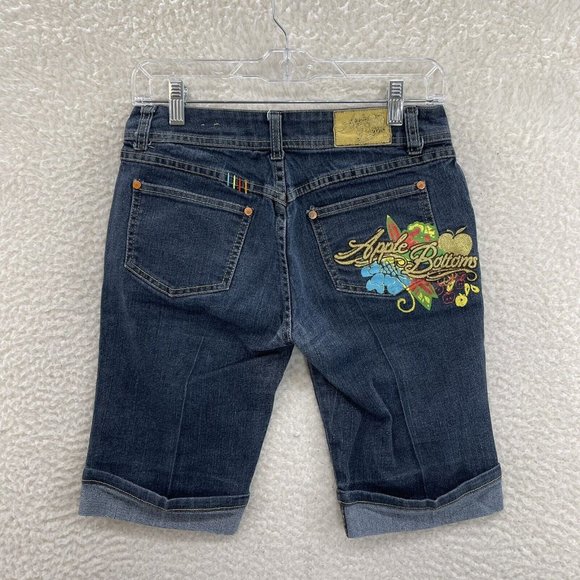 Y2K 2000 Apple Bottoms Bimbo McBling Embroidered Rhinestone Denim Bermuda 4 26 S - Picture 1 of 11